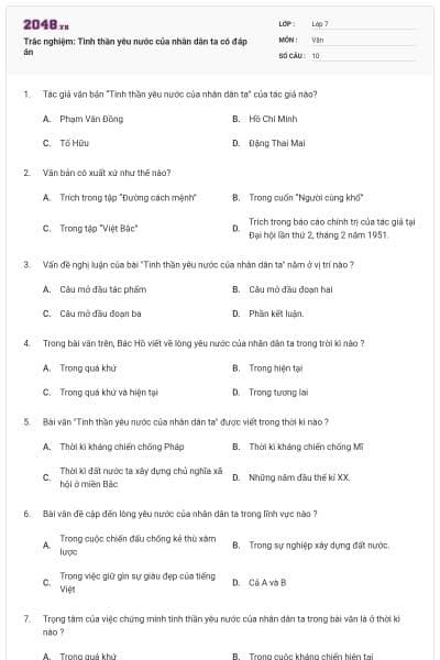 Trắc nghiệm: Tinh thần yêu nước của nhân dân ta có đáp án