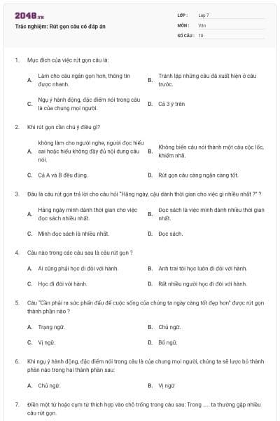 Trắc nghiệm: Rút gọn câu có đáp án