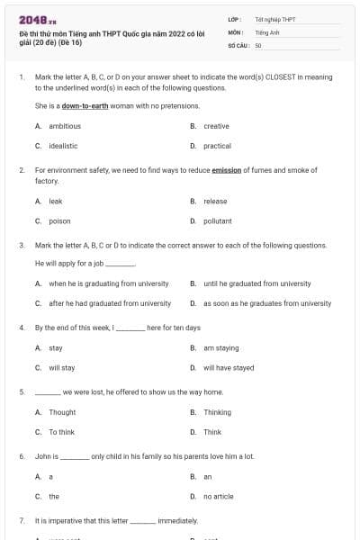 Đề thi thử môn Tiếng anh THPT Quốc gia năm 2022 có lời giải (20 đề) (Đề 16)