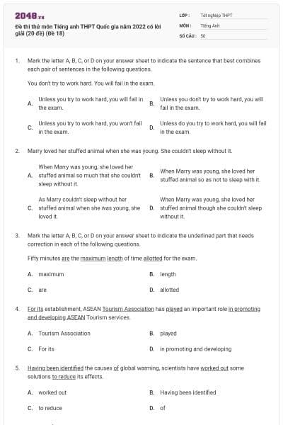 Đề thi thử môn Tiếng anh THPT Quốc gia năm 2022 có lời giải (20 đề) (Đề 18)