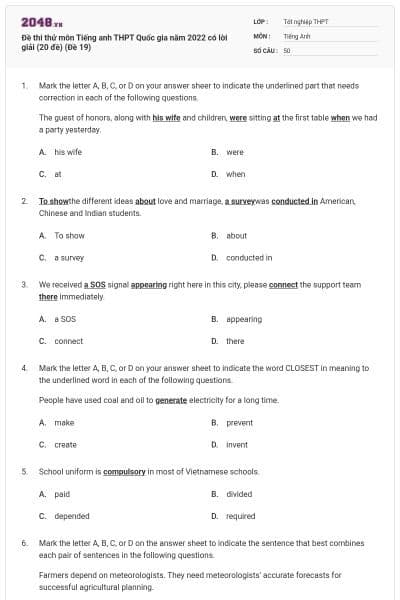 Đề thi thử môn Tiếng anh THPT Quốc gia năm 2022 có lời giải (20 đề) (Đề 19)