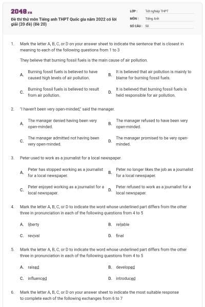 Đề thi thử môn Tiếng anh THPT Quốc gia năm 2022 có lời giải (20 đề) (Đề 20)