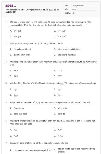35 đề minh họa THPT Quốc gia môn Vật lí năm 2022 có lời giải (Đề 22)