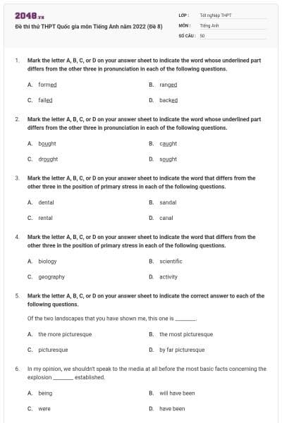 Đề thi thử THPT Quốc gia môn Tiếng Anh năm 2022 (Đề 8)