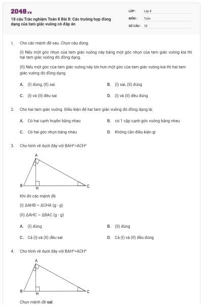 18 câu Trắc nghiệm Toán 8 Bài 8: Các trường hợp đồng dạng của tam giác vuông có đáp án