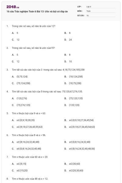 16 câu Trắc nghiệm Toán 6 Bài 13: Ước và bội có đáp án