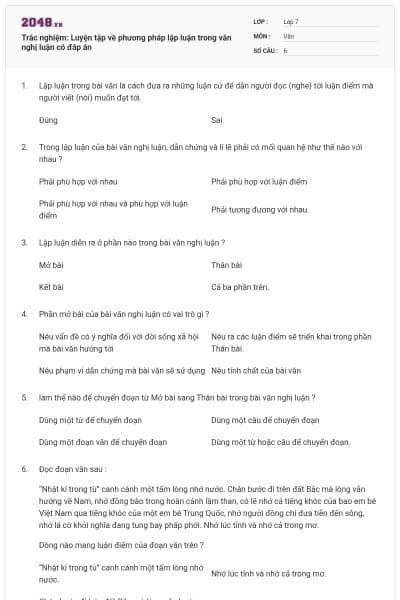 Trắc nghiệm: Luyện tập về phương pháp lập luận trong văn nghị luận có đáp án