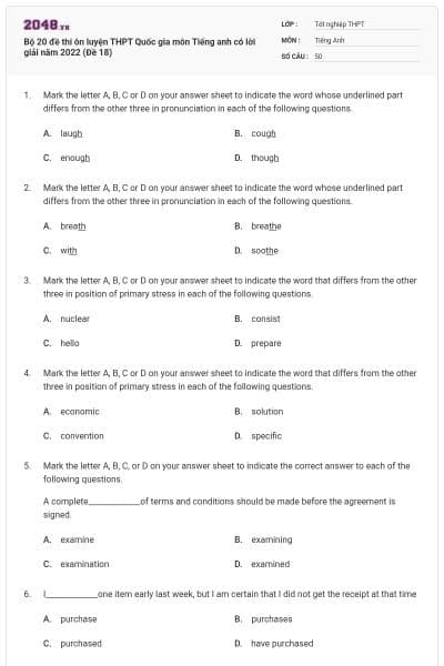 Bộ 20 đề thi ôn luyện THPT Quốc gia môn Tiếng anh có lời giải năm 2022 (Đề 18)