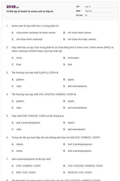 53 Bài tập lý thuyết về amino axit có đáp án
