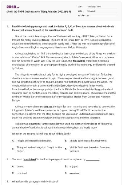 Đề thi thử THPT Quốc gia môn Tiếng Anh năm 2022 (Đề 9)