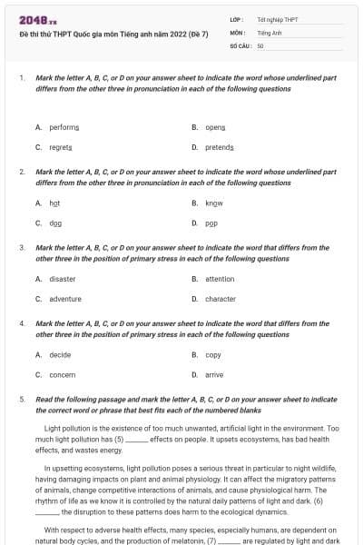 Đề thi thử THPT Quốc gia môn Tiếng anh năm 2022 (Đề 7)