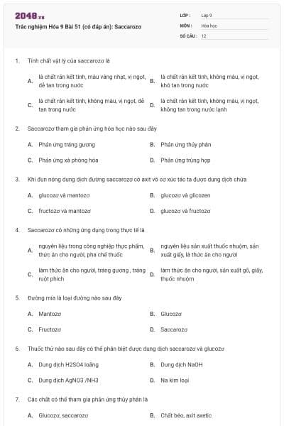 Trắc nghiệm Hóa 9 Bài 51 (có đáp án): Saccarozơ