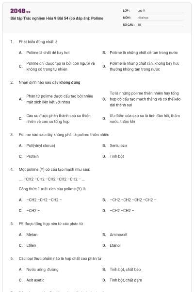 Bài tập Trắc nghiệm Hóa 9 Bài 54 (có đáp án): Polime
