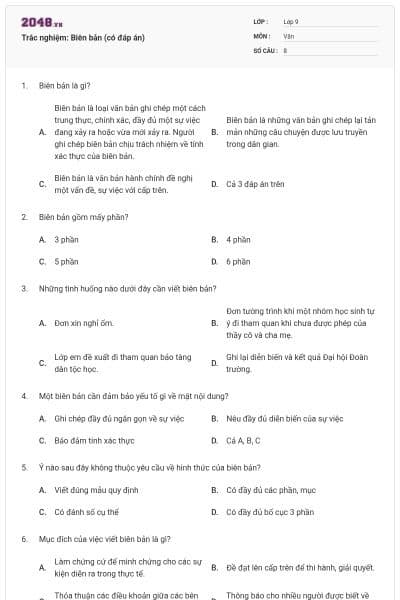 Trắc nghiệm: Biên bản (có đáp án)