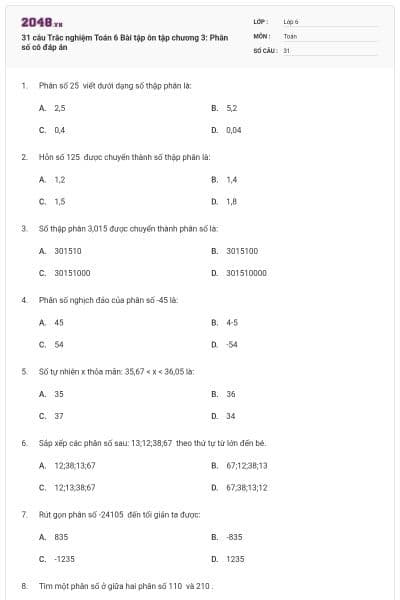 31 câu Trắc nghiệm Toán 6 Bài tập ôn tập chương 3: Phân số có đáp án