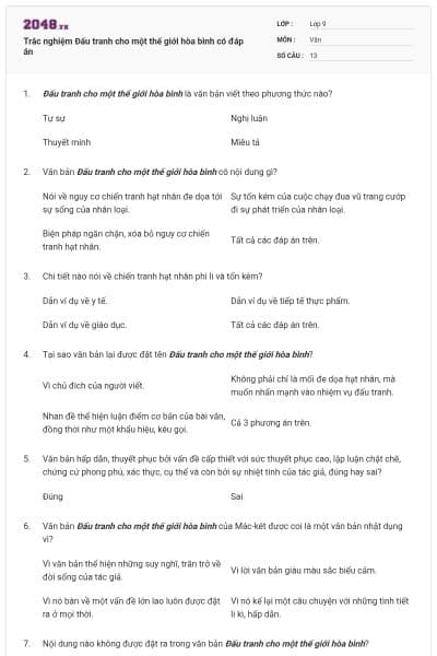 Trắc nghiệm Đấu tranh cho một thế giới hòa bình có đáp án