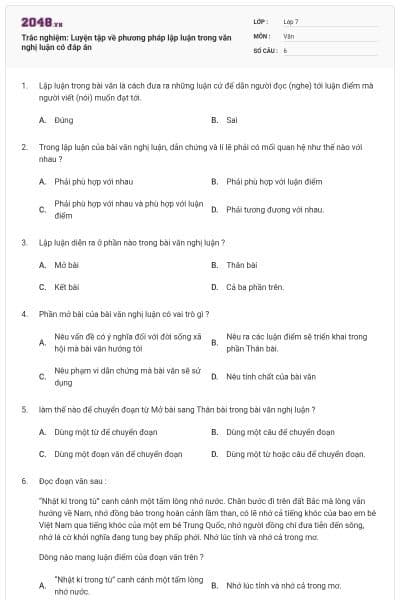 Trắc nghiệm: Luyện tập về phương pháp lập luận trong văn nghị luận có đáp án