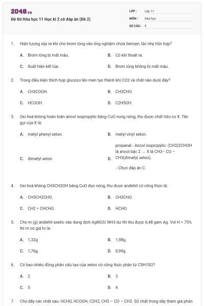 Đề thi Hóa học 11 Học kì 2 có đáp án (Đề 2)