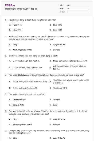 Trắc nghiệm: Ôn tập truyện có đáp án