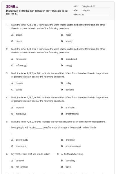 [Năm 2022] Đề thi thử môn Tiếng anh THPT Quốc gia có lời giải (Đề 17)