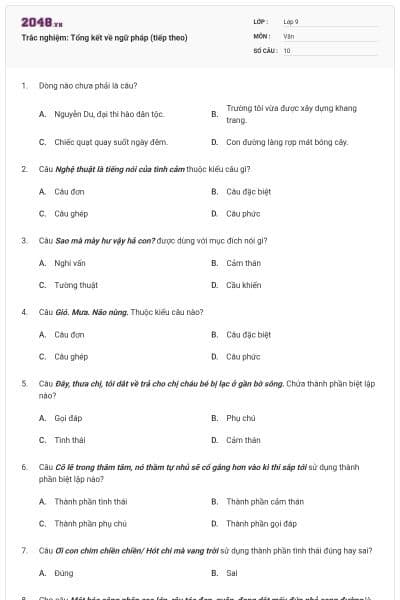 Trắc nghiệm: Tổng kết về ngữ pháp (tiếp theo)