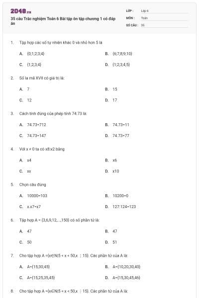 35 câu Trắc nghiệm Toán 6 Bài tập ôn tập chương 1 có đáp án