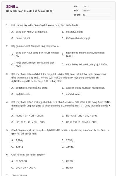Đề thi Hóa học 11 Học kì 2 có đáp án (Đề 3)