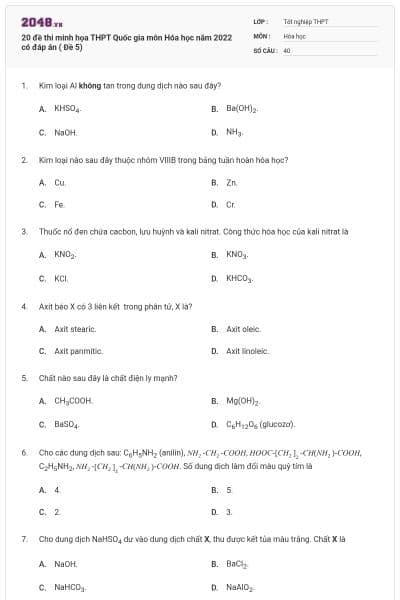 20 đề thi minh họa THPT Quốc gia môn Hóa học năm 2022 có đáp án ( Đề 5)