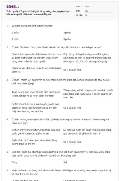 Trắc nghiệm Tuyên bố thế giới về sự sống còn, quyền được bảo vệ và phát triển của trẻ em có đáp án