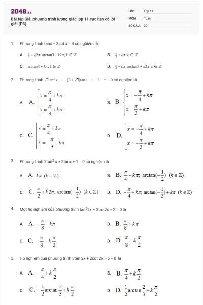Bài tập Giải phương trình lượng giác lớp 11 cực hay có lời giải (P3)