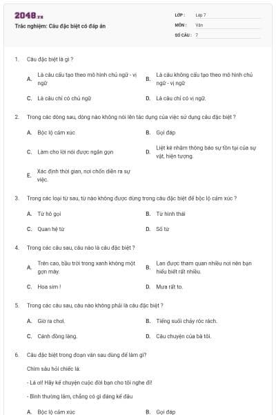 Trắc nghiệm: Câu đặc biệt có đáp án