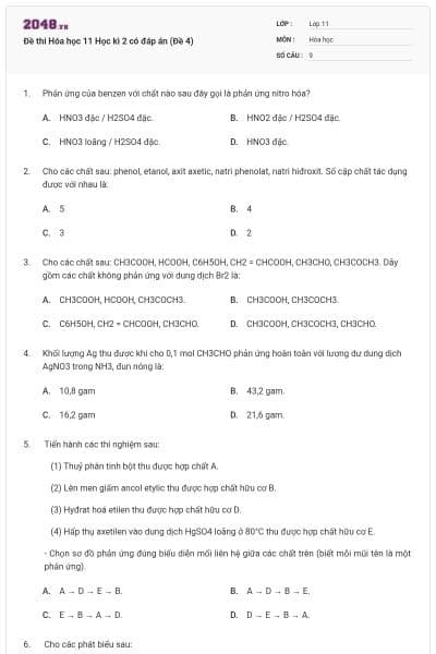 Đề thi Hóa học 11 Học kì 2 có đáp án (Đề 4)
