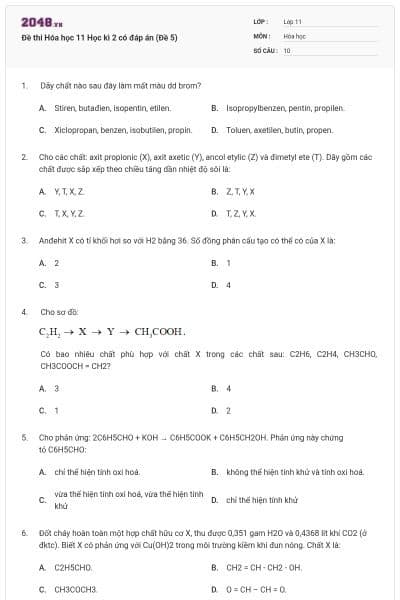Đề thi Hóa học 11 Học kì 2 có đáp án (Đề 5)