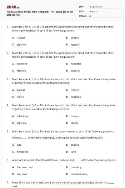 [Năm 2022] Đề thi thử môn Tiếng anh THPT Quốc gia có lời giải (Đề 18)