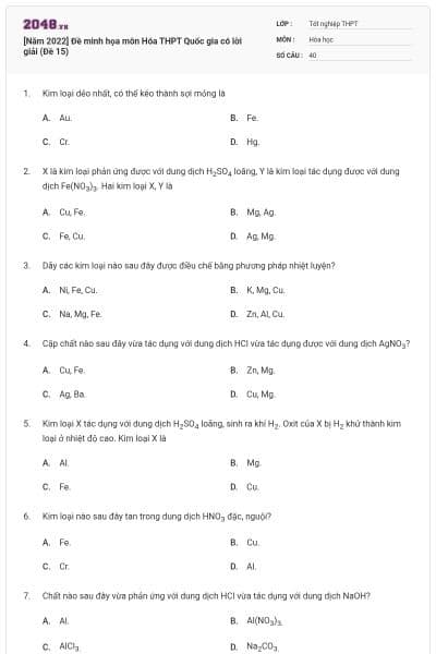[Năm 2022] Đề minh họa môn Hóa THPT Quốc gia có lời giải (Đề 15)