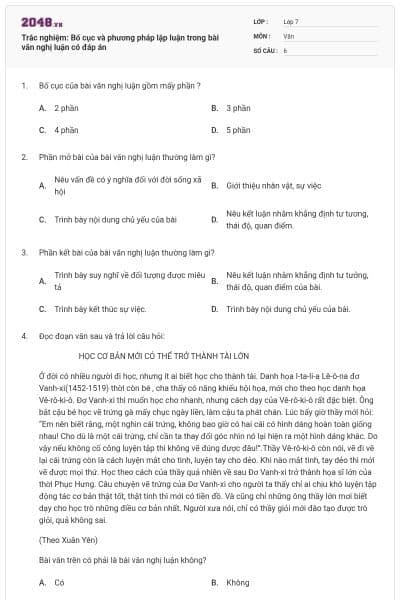 Trắc nghiệm: Bố cục và phương pháp lập luận trong bài văn nghị luận có đáp án