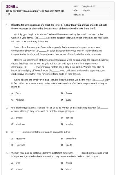 Đề thi thử THPT Quốc gia môn Tiếng Anh năm 2022 (Đề 11)