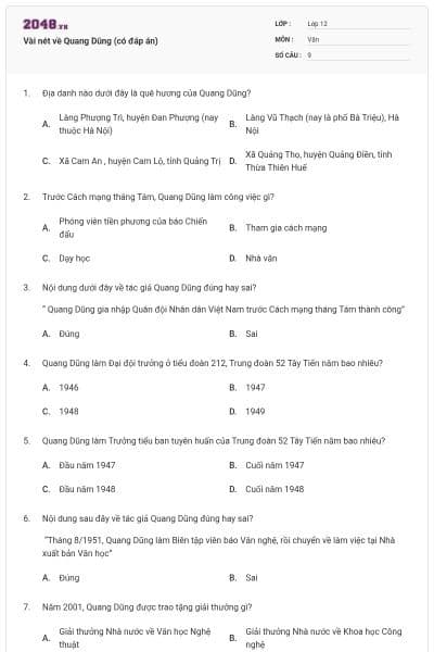 Vài nét về Quang Dũng (có đáp án)