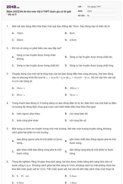 [Năm 2022] Đề thi thử môn Vật lí THPT Quốc gia có lời giải - Đề số 9