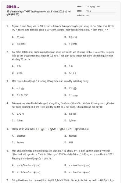 35 đề minh họa THPT Quốc gia môn Vật lí năm 2022 có lời giải (Đề 23)