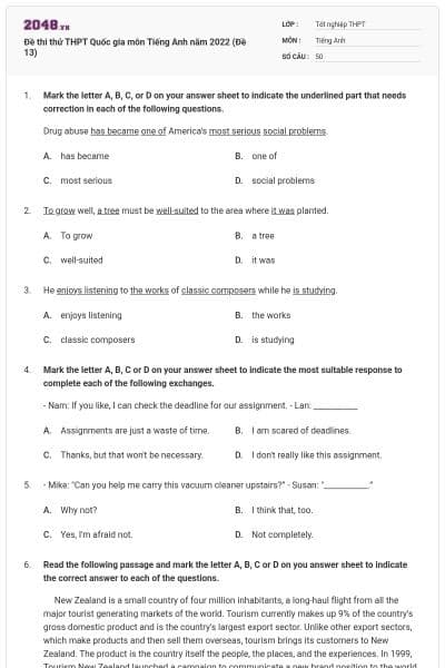 Đề thi thử THPT Quốc gia môn Tiếng Anh năm 2022 (Đề 13)