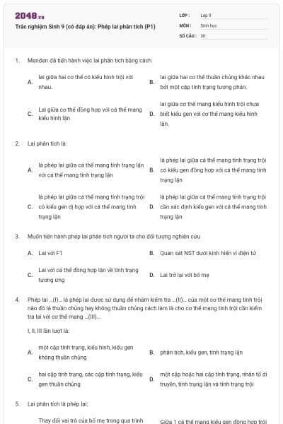 Trắc nghiệm Sinh 9 (có đáp án): Phép lai phân tích (P1)