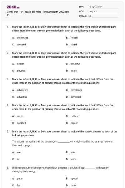 Đề thi thử THPT Quốc gia môn Tiếng Anh năm 2022 (Đề 14)