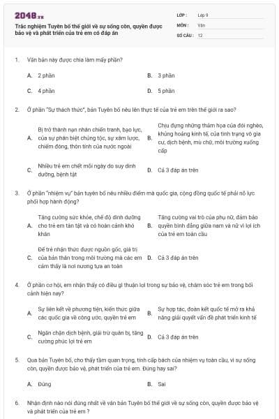 Trắc nghiệm Tuyên bố thế giới về sự sống còn, quyền được bảo vệ và phát triển của trẻ em có đáp án