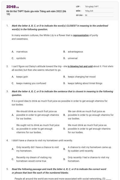 Đề thi thử THPT Quốc gia môn Tiếng anh năm 2022 (Đề 10)