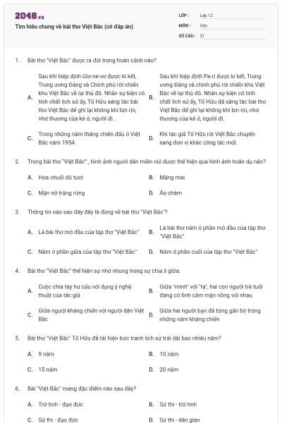 Tìm hiểu chung về bài thơ Việt Bắc (có đáp án)