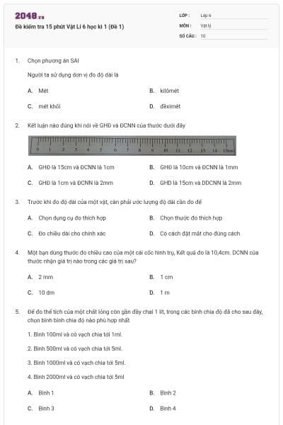 Đề kiểm tra 15 phút Vật Lí 6 học kì 1 (Đề 1)