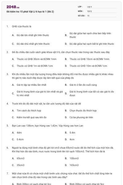 Đề kiểm tra 15 phút Vật Lí 6 học kì 1 (Đề 2)