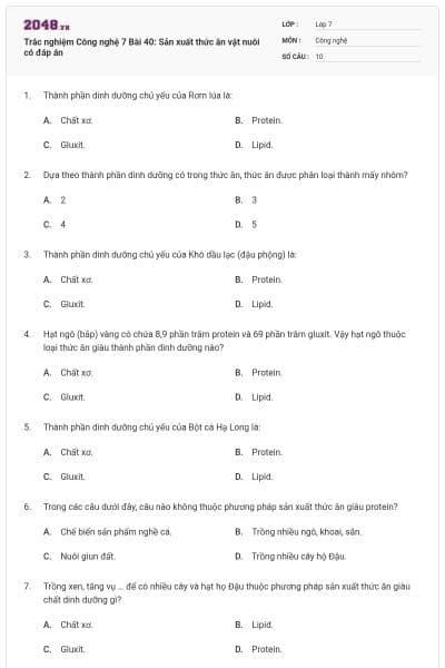 Trắc nghiệm Công nghệ 7 Bài 40: Sản xuất thức ăn vật nuôi có đáp án
