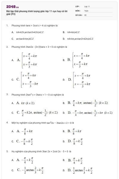 Bài tập Giải phương trình lượng giác lớp 11 cực hay có lời giải (P3)